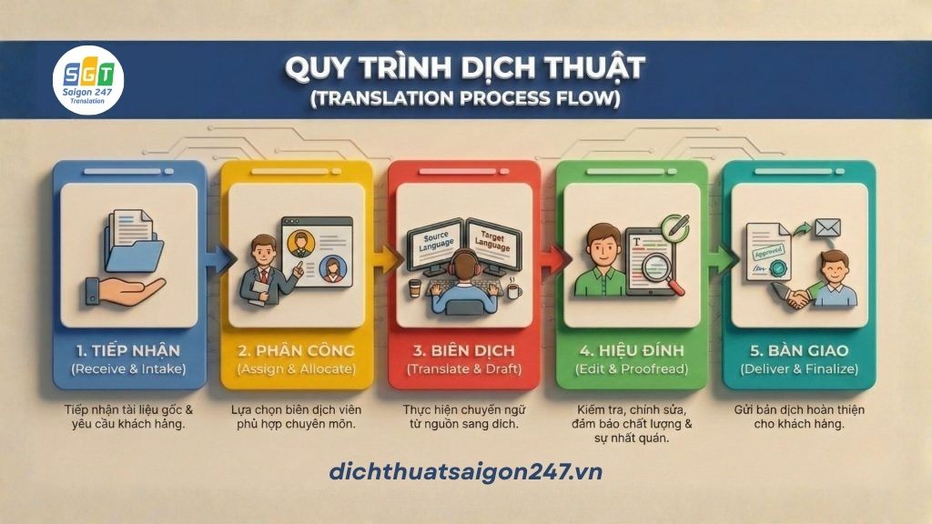 Sơ đồ kiểm soát chất lượng dịch thuật nghiêm ngặt tại Sài Gòn 247.